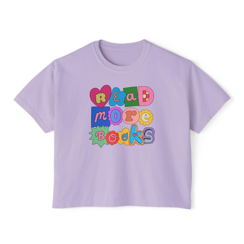 Read More Books Boxy Crop Top, Bookish Crop Top, Magazine Letters Reading Boxy Tee, Scrapbook Cutouts Reader Shirt, Book Lover Gifts Orchid