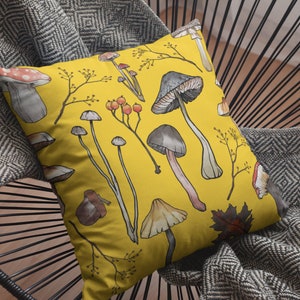Cottagecore Pillow, Mushroom Pillow, Mushroom Throw Pillow, Yellow Accent Pillow, Forest Floor Cushion, Cottage Decor Gift Housewarming image 1