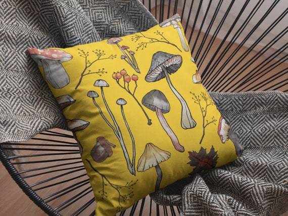 Cottagecore Pillow, Mushroom Pillow, Mushroom Throw Pillow, Yellow Accent Pillow, Forest Floor Cushion, Cottage Decor Gift Housewarming