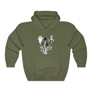 May include: A green hooded sweatshirt with a black and white graphic of mushrooms and ghosts. The graphic is centered on the front of the sweatshirt.