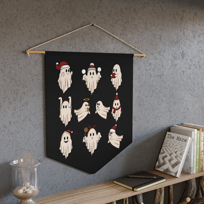 Santa Ghosts Pennant, Dark Christmas Decor, Yule Wall Hanging, Spooky Christmas Wall Decor, Creepy Holiday Wall Hangings, Goth Christmas Art image 4
