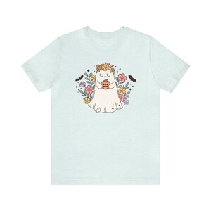 Floral Ghost Shirt, Fall Apparel, Autumn Shirt, Pumpkin Season Shirt, Spooky Cute Shirt, Flowers Ghost Shirt, Cottagecore Halloween Clothing Heather Ice Blue