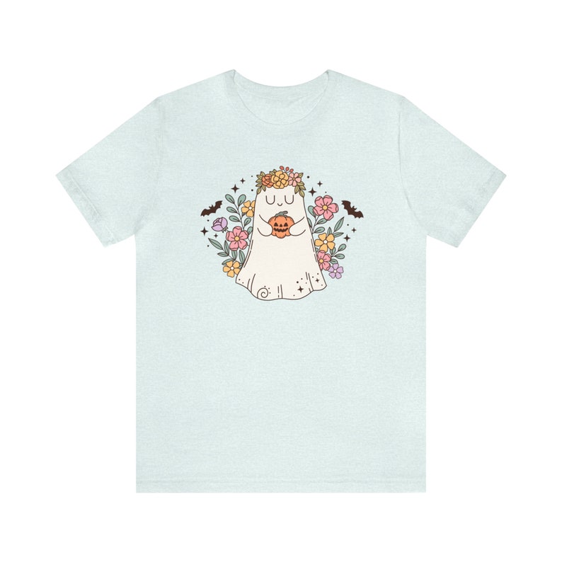 Floral Ghost Shirt, Fall Apparel, Autumn Shirt, Pumpkin Season Shirt, Spooky Cute Shirt, Flowers Ghost Shirt, Cottagecore Halloween Clothing Heather Ice Blue