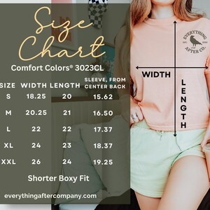 May include: A peach-colored t-shirt with a black logo and size chart. The chart details measurements for width, length, and sleeve length in inches for sizes S to XXL. The text "Shorter Boxy Fit" is also included.