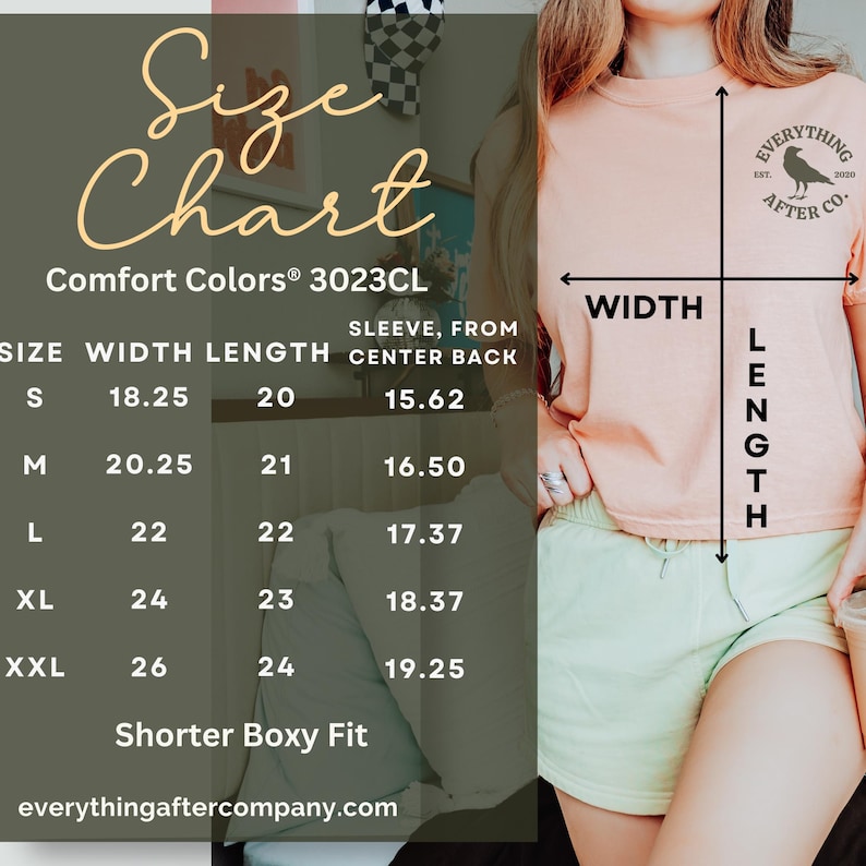 May include: A peach-colored t-shirt with a black logo and size chart. The chart details measurements for width, length, and sleeve length in inches for sizes S to XXL. The text "Shorter Boxy Fit" is also included.
