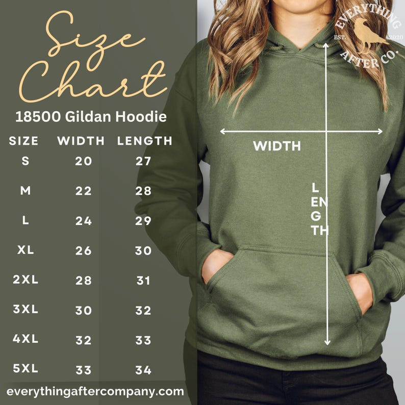 May include: Size chart for a 18500 Gildan hoodie in various sizes. The chart shows the width and length measurements in inches for each size: S, M, L, XL, 2XL, 3XL, 4XL, and 5XL. The chart is on a white background with a green hoodie in the background.