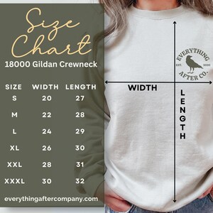May include: Size chart for a 18000 Gildan crewneck sweatshirt. The chart shows the width and length measurements in inches for sizes S, M, L, XL, XXL, and XXXL.