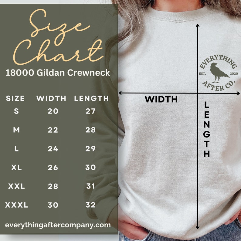 May include: Size chart for a 18000 Gildan crewneck sweatshirt. The chart shows the width and length measurements in inches for sizes S, M, L, XL, XXL, and XXXL.