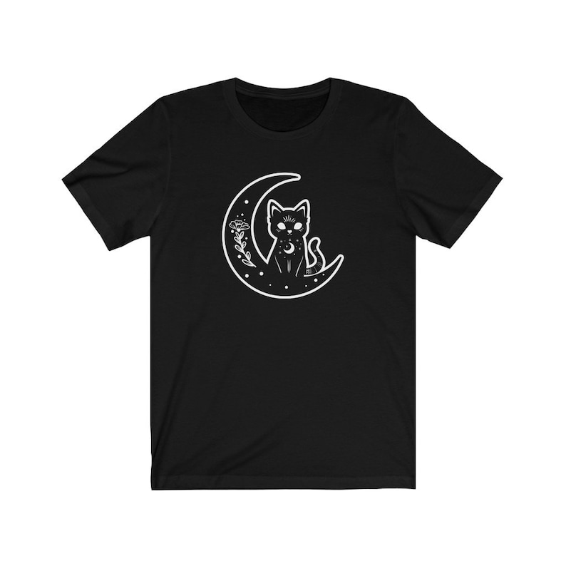 Witch Cat Shirt, Celestial Shirt, Cat And Moon Shirt, Cute Goth Shirt, Crescent Moon Top, Witchy Aesthetic Clothes, Mystical Shirt, Cat Gift Black