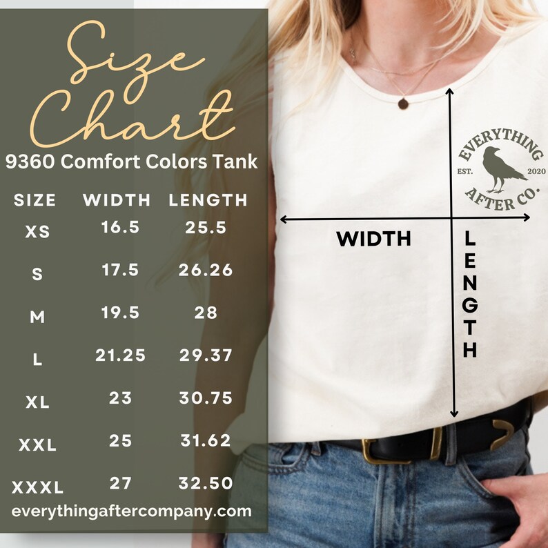 May include: Size chart for a 9360 Comfort Colors Tank top, showing measurements in inches for width and length in sizes XS to XXXL.