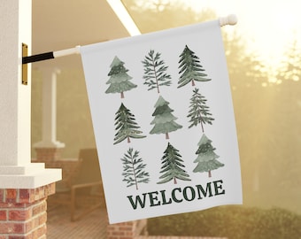 Welcome Flag, Christmas Garden Flag, Winter Garden Flag, Holiday Garden Flag, Christmas Tree Yard Flag, Pine Trees Garden Flag, Evergreens