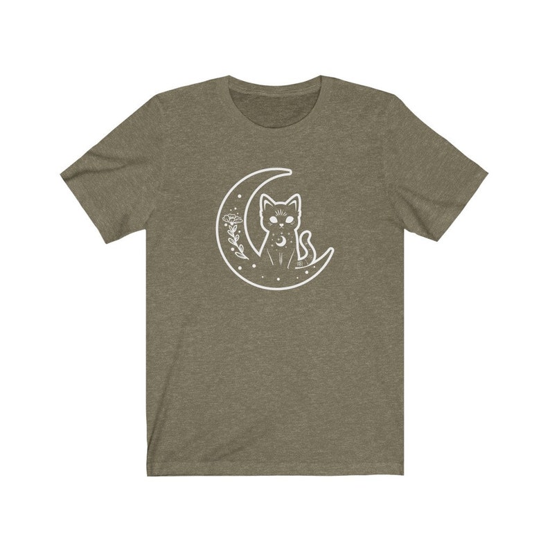 Witch Cat Shirt, Celestial Shirt, Cat And Moon Shirt, Cute Goth Shirt, Crescent Moon Top, Witchy Aesthetic Clothes, Mystical Shirt, Cat Gift Heather Olive