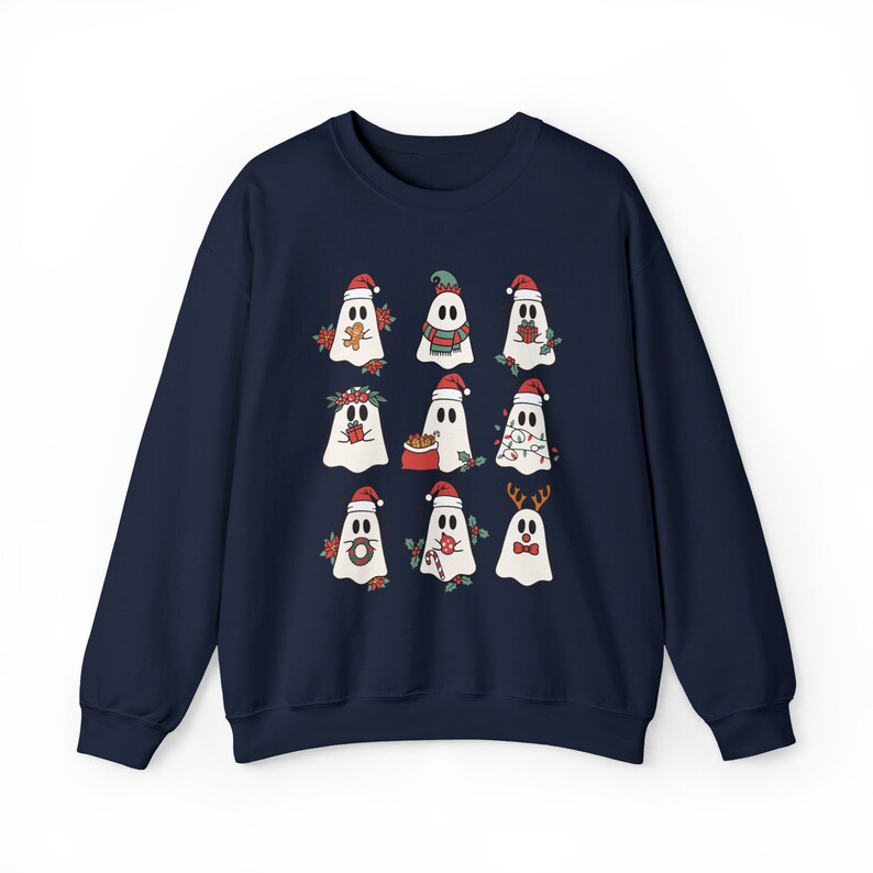 Christmas Ghost Sweatshirt, Spooky Christmas Sweatshirt, Goth Christmas Crewneck, Yule Clothing, Creepmas Crewnecks, Creepy Christmas Navy