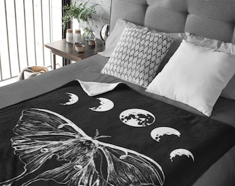 Luna Moth Velveteen Plush Blanket, Moon Phase Blanket, Witchy Throw Blanket, Moon Moth Goddess, Luna Moth Gift, Celestial, Goth Aesthetic