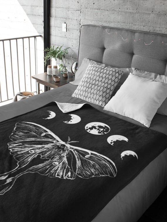 Luna Moth Velveteen Plush Blanket, Moon Phase Blanket, Witchy Throw Blanket, Moon Moth Goddess, Luna Moth Gift, Celestial, Goth Aesthetic