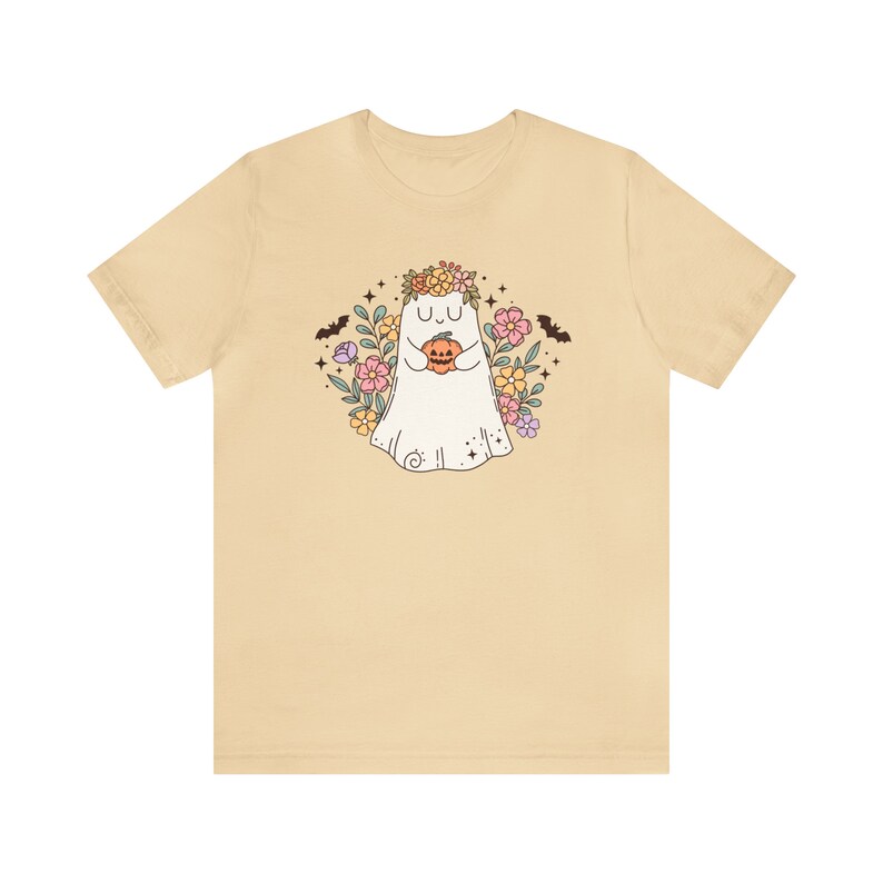 Floral Ghost Shirt, Fall Apparel, Autumn Shirt, Pumpkin Season Shirt, Spooky Cute Shirt, Flowers Ghost Shirt, Cottagecore Halloween Clothing Soft Cream