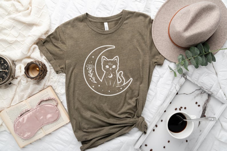 Witch Cat Shirt, Celestial Shirt, Cat And Moon Shirt, Cute Goth Shirt, Crescent Moon Top, Witchy Aesthetic Clothes, Mystical Shirt, Cat Gift image 6