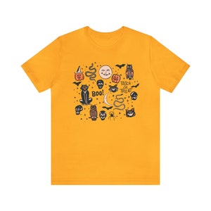 Halloween Doodle Shirt, Retro Halloween Shirt, Witchy Shirt, Fall Clothes, Witch Aesthetic Clothing, Halloween Vintage Shirt, Autumn Apparel Gold