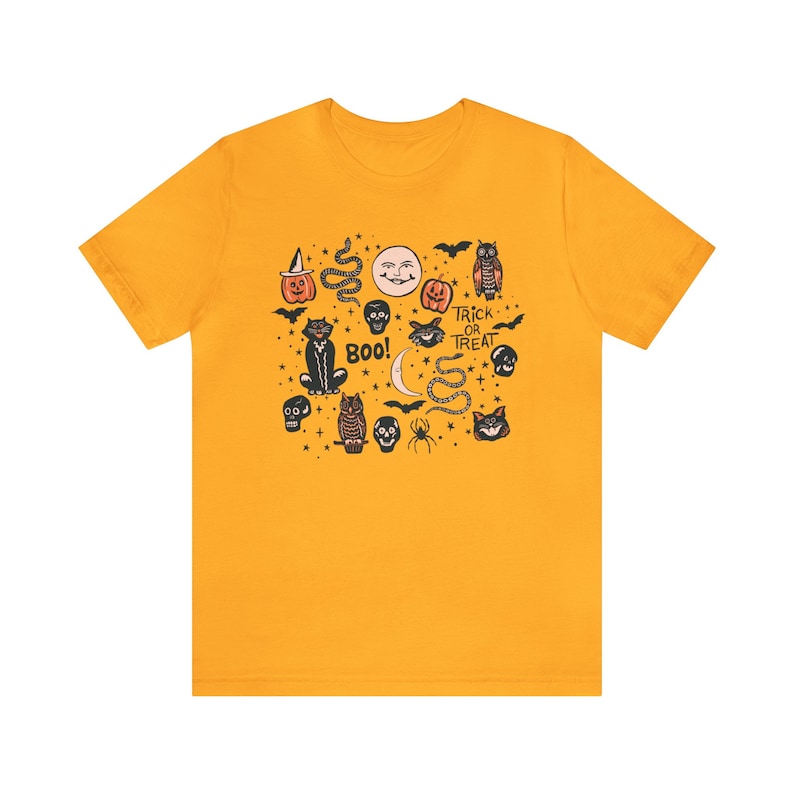 Halloween Doodle Shirt, Retro Halloween Shirt, Witchy Shirt, Fall Clothes, Witch Aesthetic Clothing, Halloween Vintage Shirt, Autumn Apparel Gold