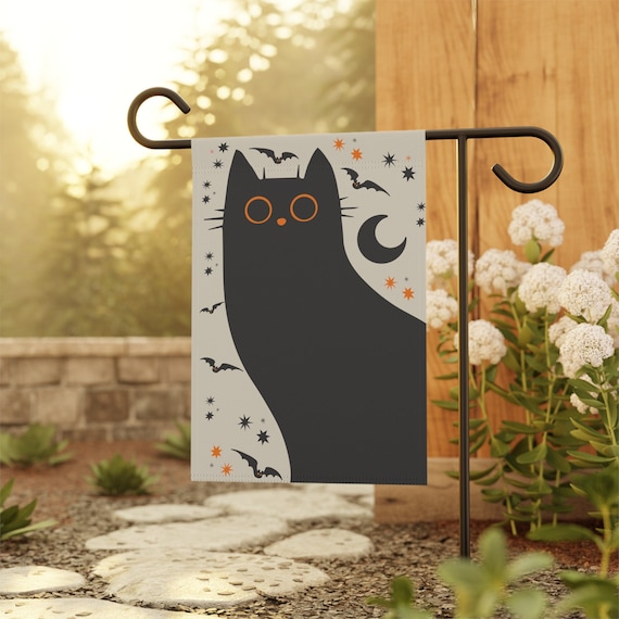 Black Cat Garden Flag, Halloween Garden Flag, Fall Garden Flag, Spooky Garden Flag, Autumn Garden Flag, Bat Yard Flag, Creepy Cute Decor