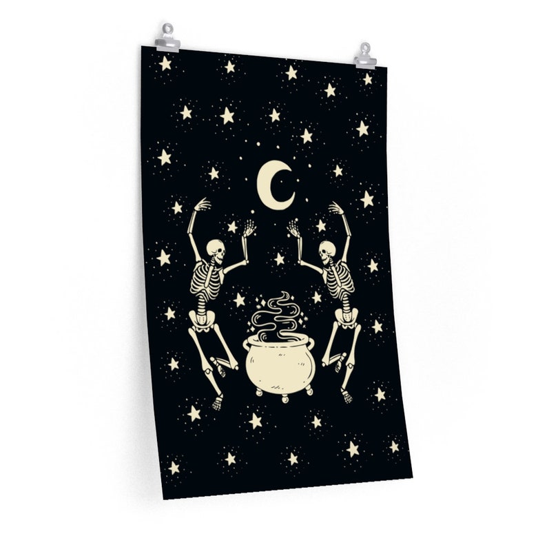 Dancing Skeletons Poster, Skeleton Poster, Mystical Post, Halloween Wall Print, Dark Aesthetic Wall Art, Witchy Poster, Celestial Home Decor 20″ × 30″
