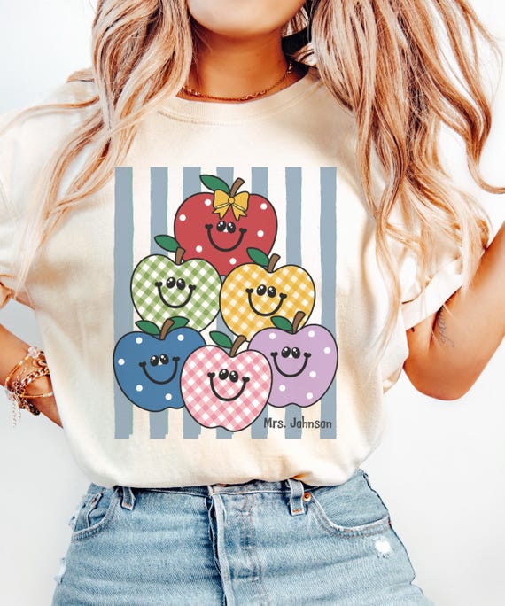 Personalized Retro Apples Shirt, 90s Teacher Shirt, Spirit Week Shirts, Teacher Apple Shirts, Gingham Apple Teaching Shirt, Custom Teach Tee