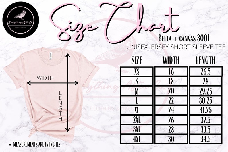 Pu&ograve; includere: Tabella delle taglie per la t-shirt a maniche corte in jersey unisex Bella + Canvas 3001. La tabella mostra le misure in pollici per larghezza e lunghezza per le taglie XS a 4XL.