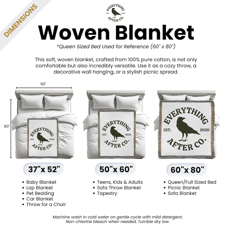 Peut inclure: Une couverture en coton tiss&eacute;e avec un motif de corbeau noir et blanc et le texte "Everything After Co." dans un cercle. La couverture est disponible en trois tailles&nbsp;: 37&nbsp;x&nbsp;52&nbsp;po, 50&nbsp;x&nbsp;60&nbsp;po et 60&nbsp;x&nbsp;80&nbsp;po.