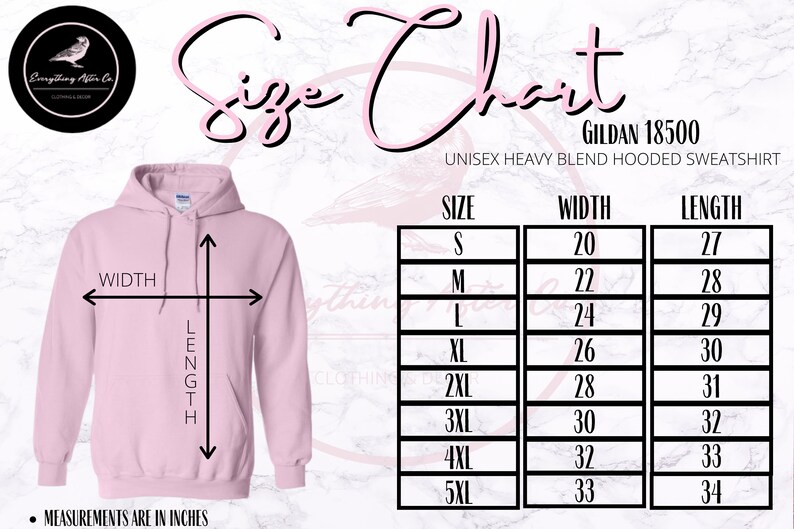 May include: Size chart for a Gildan 18500 unisex heavy blend hooded sweatshirt. The chart shows the width and length in inches for sizes S through 5XL.