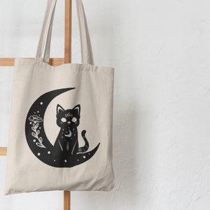 Black Cat Tote Bag, Celestial Tote Bag, Witch Tote Bag, Witchy Gifts For Her, Mystical Moon, Eco Friendly Canvas Bag, Halloween Aesthetic