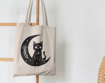 Black Cat Tote Bag, Celestial Tote Bag, Witch Tote Bag, Witchy Gifts For Her, Mystical Moon, Eco Friendly Canvas Bag, Halloween Aesthetic