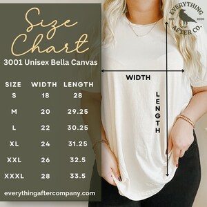 Pode incluir: Tabela de tamanhos para uma camiseta 3001 Unisex Bella Canvas. A tabela mostra as medidas de largura e comprimento em polegadas para os tamanhos S, M, L, XL, XXL e XXXL.
