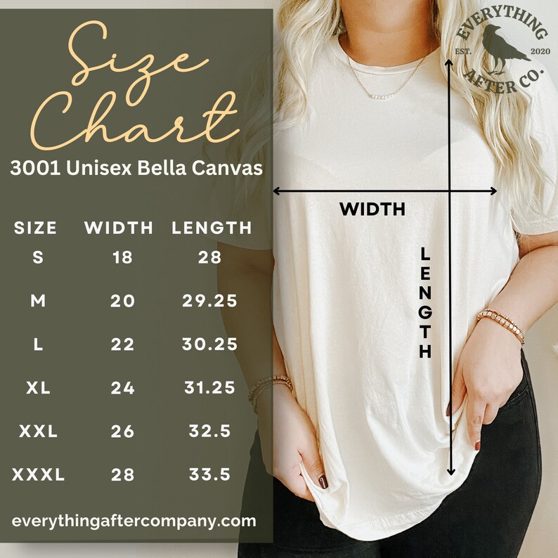 Pode incluir: Tabela de tamanhos para uma camiseta 3001 Unisex Bella Canvas. A tabela mostra as medidas de largura e comprimento em polegadas para os tamanhos S, M, L, XL, XXL e XXXL.