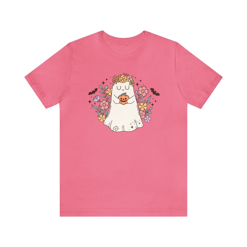 Floral Ghost Shirt, Fall Apparel, Autumn Shirt, Pumpkin Season Shirt, Spooky Cute Shirt, Flowers Ghost Shirt, Cottagecore Halloween Clothing Charity Pink