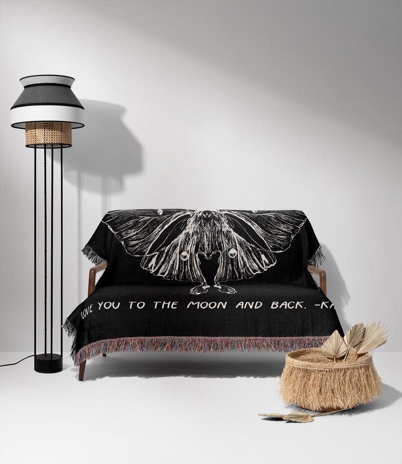 Personalized Luna Moth Blanket, Witchy Woven Blanket, Moon Phase Woven