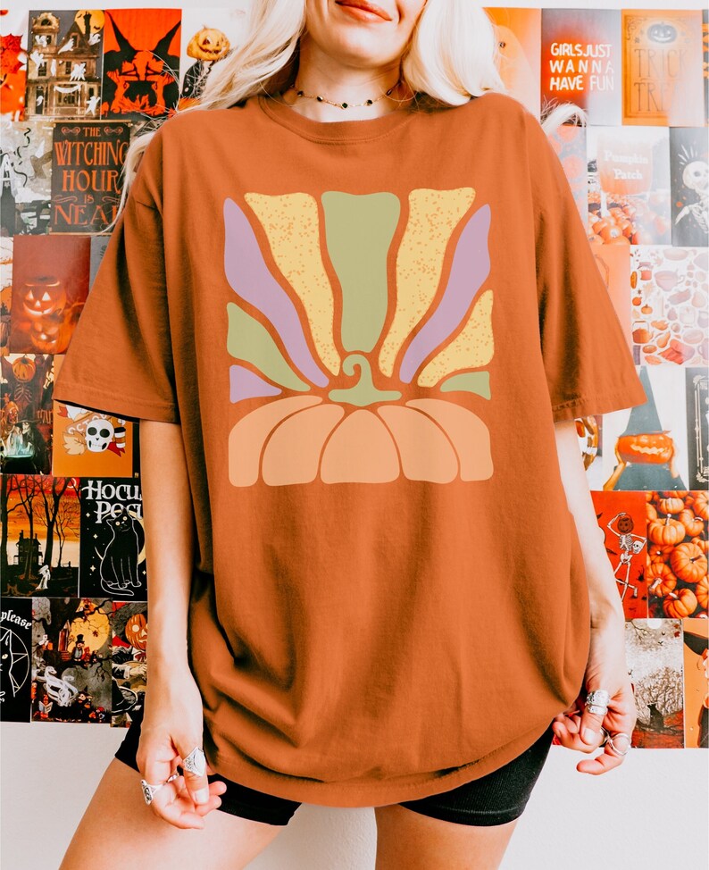 May include: A burnt orange short-sleeve t-shirt featuring a graphic print on the chest. The design displays a stylized pumpkin base in light orange with radiating, wavy vertical stripes in shades of sage green, yellow, and lavender.