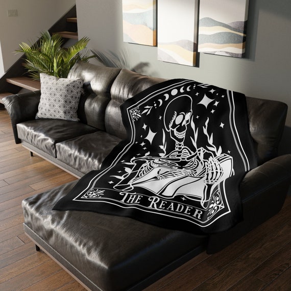 The Reader Tarot Blanket, Bookish Halloween Blanket, Reading Skeleton Throw, Reading Nook Gifts, Librarian Gits, Witchy Blankets, Read Throw