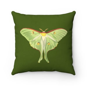 May include: A green throw pillow with a green and yellow luna moth illustration. The moth has a red and white stripe on its wings.