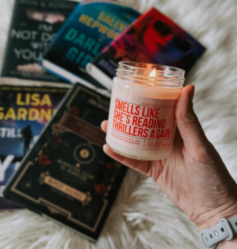 Smells Like She's Reading Thrillers Again, Thriller Reader Candle, Reading Candle, Bookish Gifts, Thriller Books Gift, True Crime Book Merch image 1