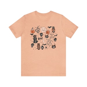 Halloween Doodle Shirt, Retro Halloween Shirt, Witchy Shirt, Fall Clothes, Witch Aesthetic Clothing, Halloween Vintage Shirt, Autumn Apparel Heather Peach