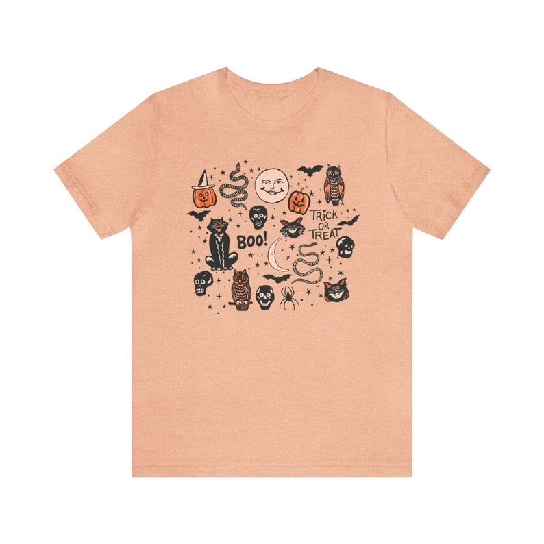 Halloween Doodle Shirt, Retro Halloween Shirt, Witchy Shirt, Fall Clothes, Witch Aesthetic Clothing, Halloween Vintage Shirt, Autumn Apparel Heather Peach
