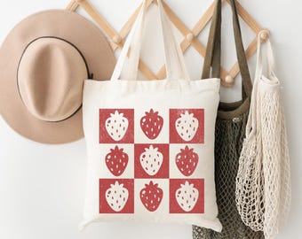 Strawberry Tote Bag, Checkered Strawberry Tote Bag, Strawberries Tote Bag, Summer Tote, Spring Tote, Retro Fruit Tote, Farmer's Market Tote