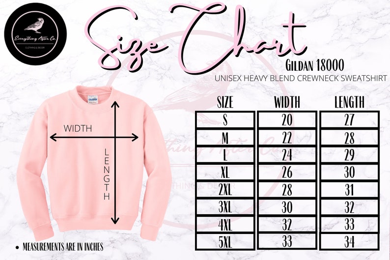 May include: Size chart for a Gildan 18000 unisex heavy blend crewneck sweatshirt. The chart shows the width and length in inches for sizes S through 5XL.