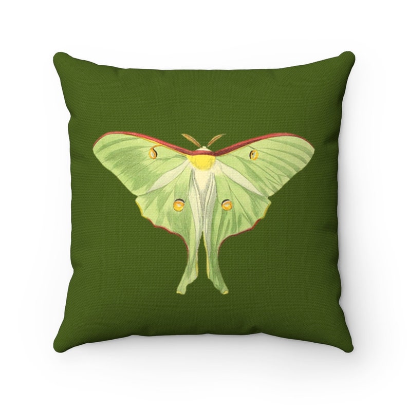 May include: A green and white luna moth with red accents is printed on a dark green throw pillow.