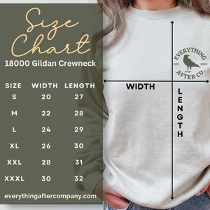 May include: Size chart for a 18000 Gildan crewneck sweatshirt. The chart shows the width and length measurements in inches for sizes S, M, L, XL, XXL, and XXXL.