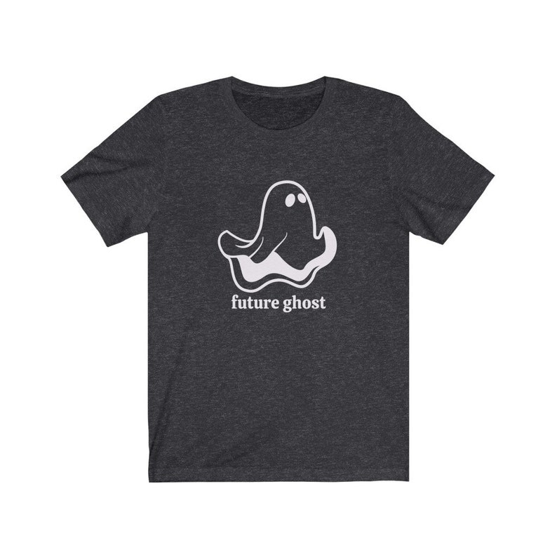 May include: A dark heather grey t-shirt with a white ghost graphic and the text "future ghost" printed on the front.