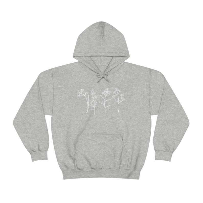 Wildflower Hoodie, Flower Hoodie, Nature Hoodie, Cottagecore Clothing, Floral Hoodie, Botanical Hoodie, Spring Hooded Sweatshirt, Boho Gift Sport Grey