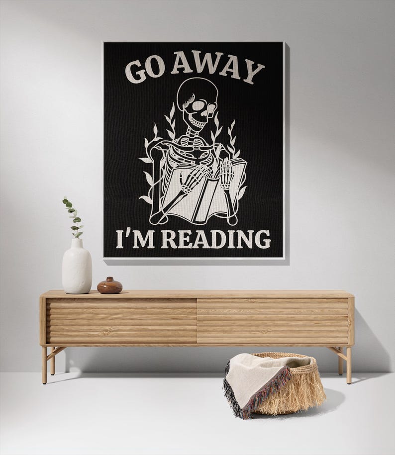 Go Away I'm Reading Woven Blanket, Skeleton Reading Woven Tapestry