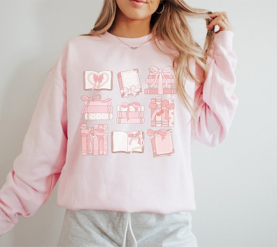 Romance Books Girlie Sweatshirt, Croquette Sweatshirt, Pink Bows Sweatshirt, Bookish Sweatshirt, Read Sweatshirt, Books and Ribbons Crewneck