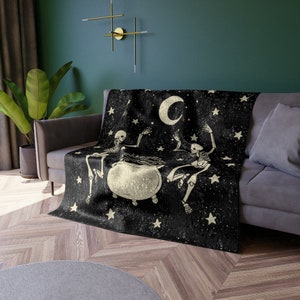 Dancing Skeletons, Skeleton Blanket, Halloween Blanket, Spooky Blankets, Dark Aesthetic Decor, Fall Crushed Velvet Throw, Celestial Throw image 2